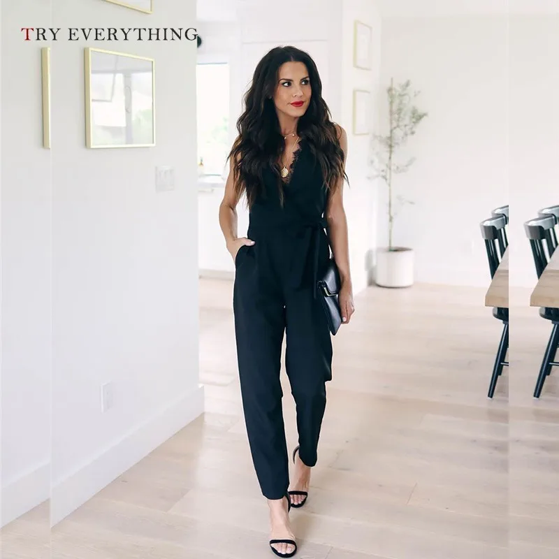 

Black Elegant Jumpsuit Women Summer 2019 New V Neck Sleeveless Lace Jumpsuit Trousers Female Tunic Casual Jumpsuit Womens Romper