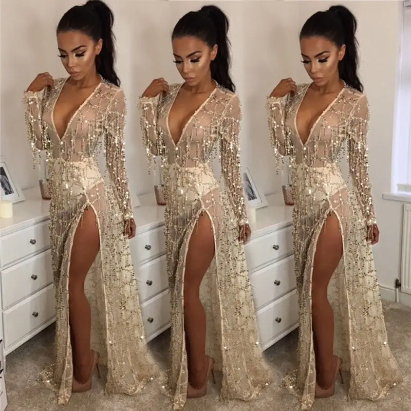 

2017 Woman Dress Lace Split Solid NEW Sexy Womens Fashion New Summer Vintage Boho Long Maxi Dress Party Beach Style Sequins