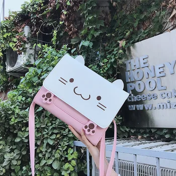 

Animal Cat Face Pink Messenger Bag Pu Leather Girls Cute Style Womens Kawaii Comic Anime Crossbody Bag for Girls Shoulder Bags