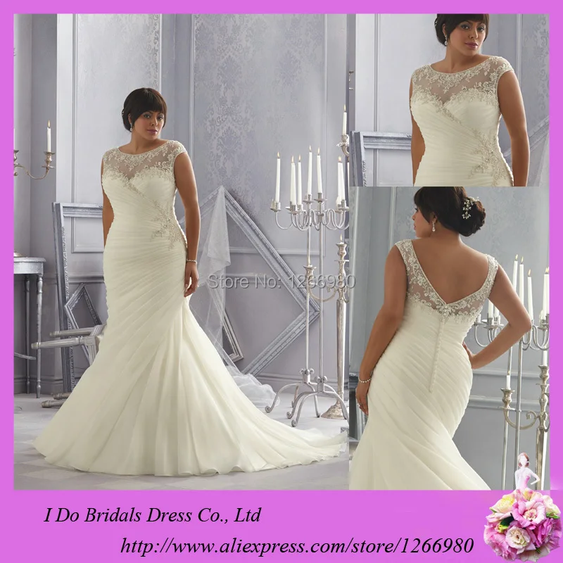 2014 New Design Mermaid Boat Neck Sheer Top Appliqued Open Back
