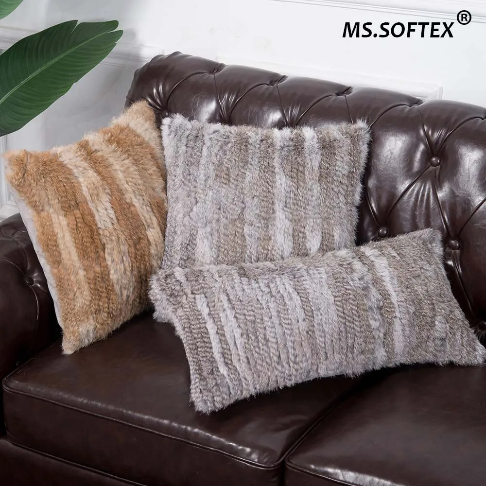 MS.Softex Natural Fur Pillow Case Handknitted Real Rabbit Fur Pillow Cover Fur Cushion Cover Home Decoration FREE SHIPPING