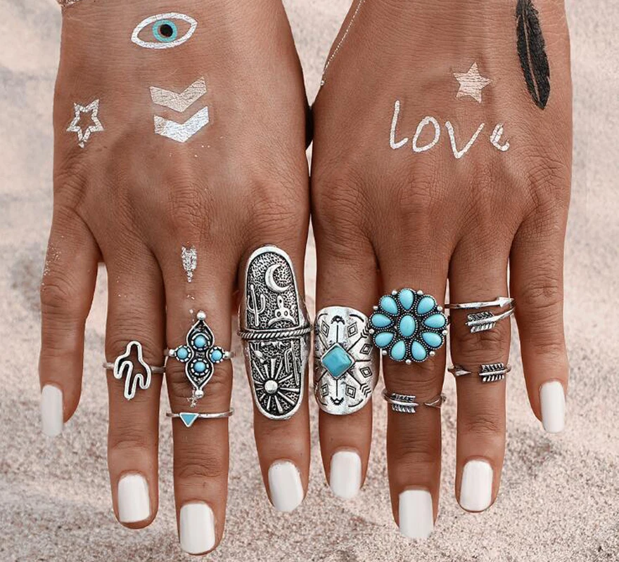 

Wholesale 9PCS/Set Fashion Vintage Punk Bohemian Beach Rings For Women knuckle Ring Men Carving Tibetan Silver Joint Ring Set