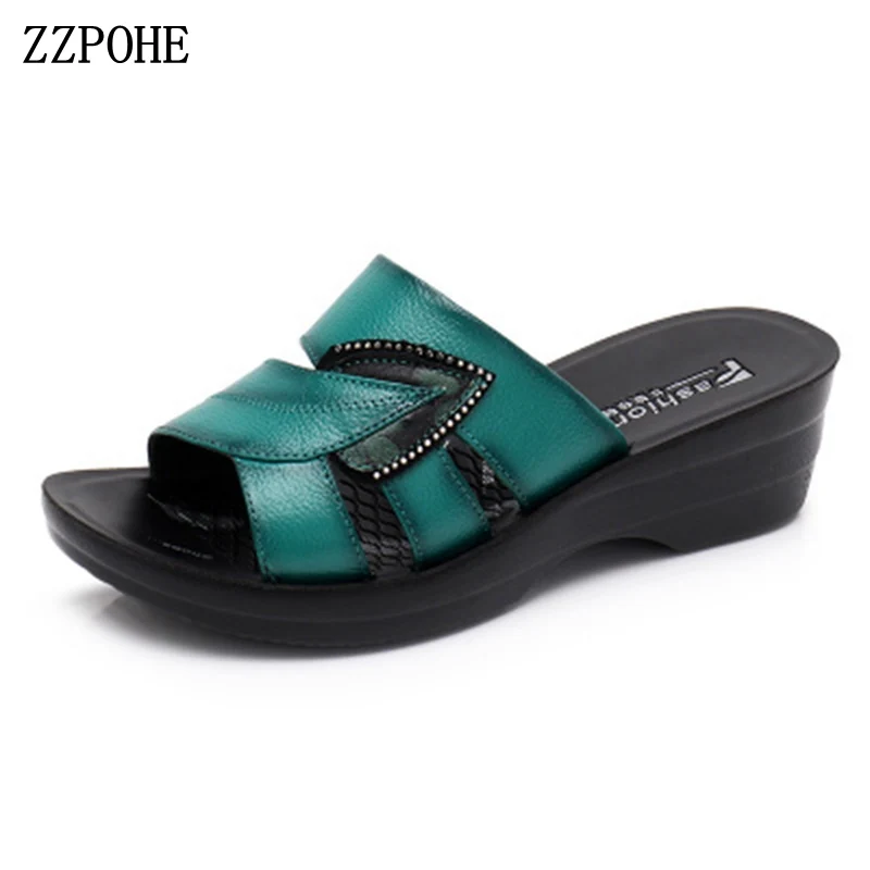 ZZPOHE 2018 New Hot Sale Women Summer Slip On Leather Open Toe Sandals Woman Flip Flops Wedges Platform Ladies Beach Shoes