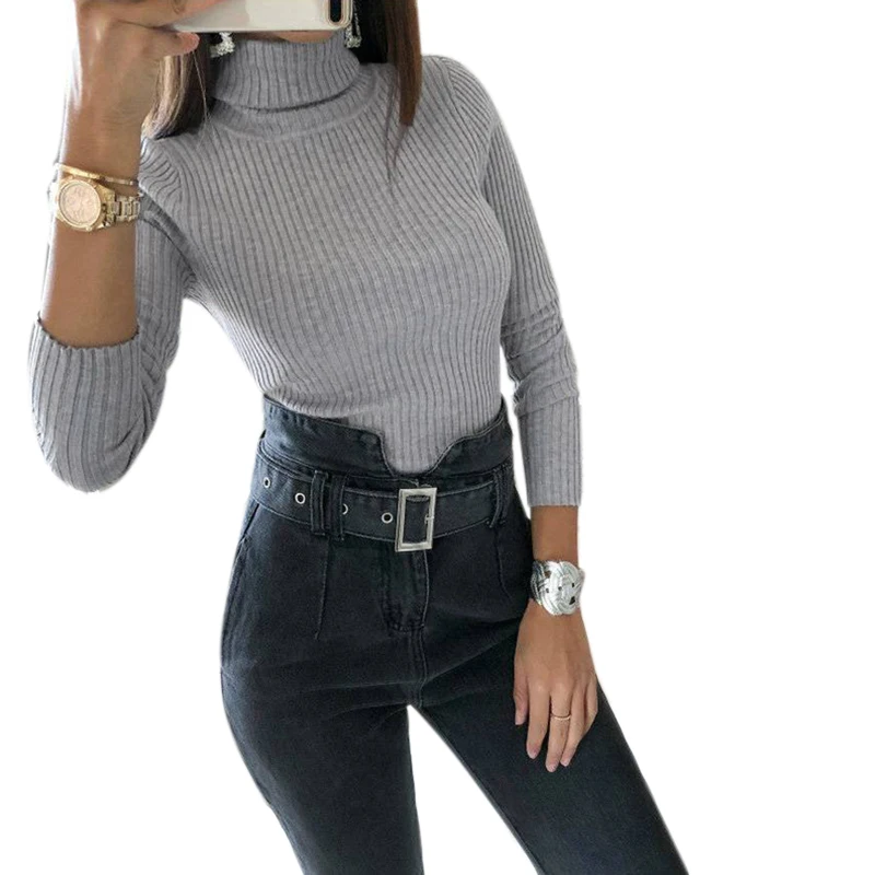 Women's Slim Bodysuits 2019 Autumn Winter Khaki Gray Green Body Suits Female Turtleneck Skinny Long Sleeve Knitted Tops Jumper