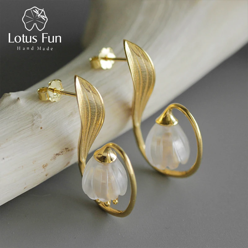 Lotus Fun Genuine 925 Sterling Silver Earrings for Women Cristal Natural Crystal Lily Flower Dangle Drop Earring