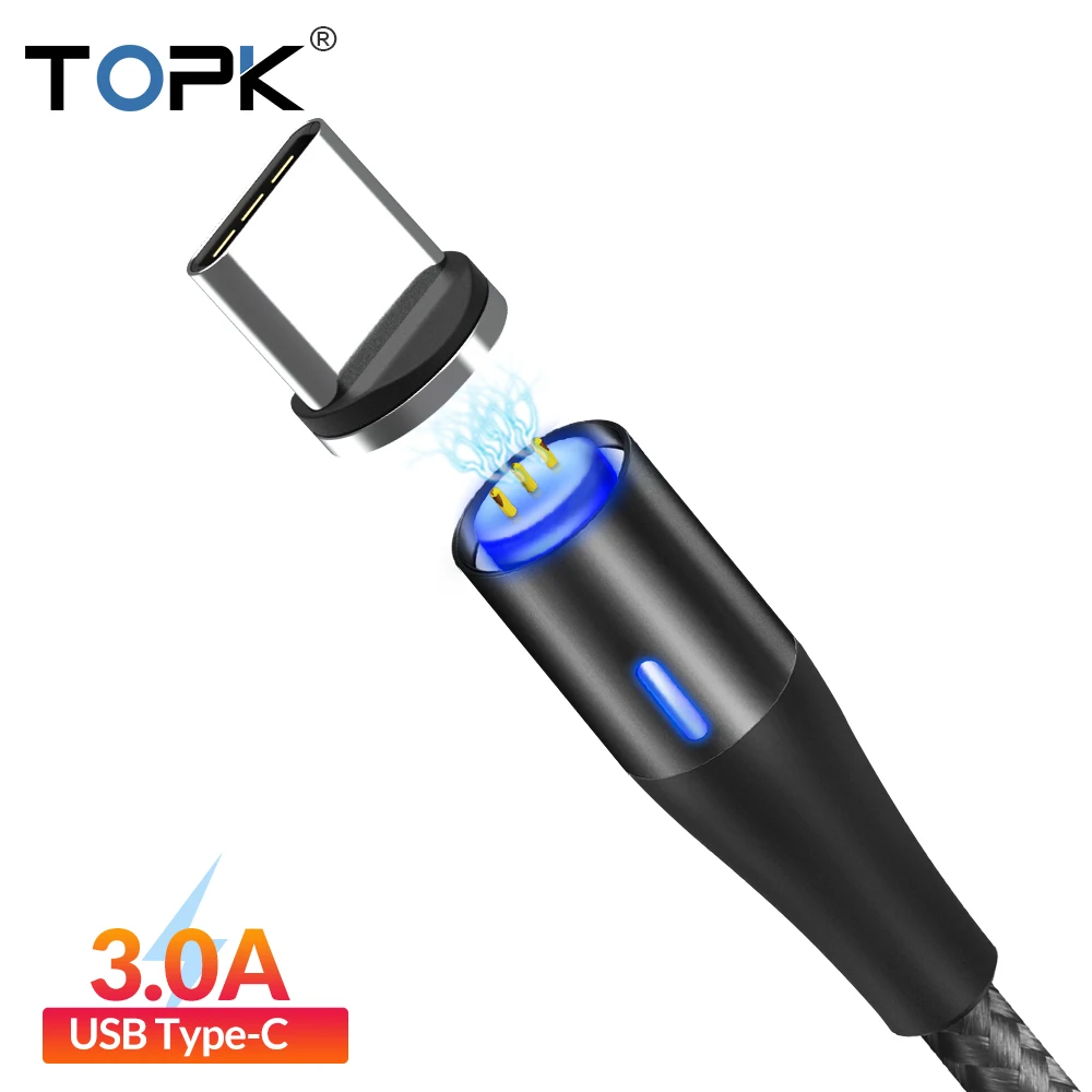 TOPK 1 м 3A Магнитный Кабель с разъемом usb c для быстрой передачи данных кабель