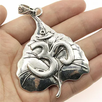 

WYSIWYG 1pcs 74x56mm Buddhism Charm Antique Silver Color Om Yoga Symbol Charms Pendants Large Bodhi Leaf Charm