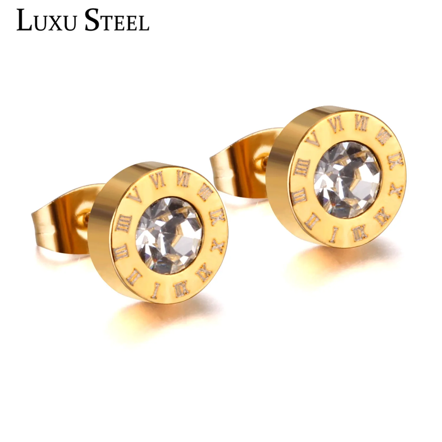 

LUXUSTEELGold/Silver/Rose Gold Color Roman Number Earring Trendy Round Cubic Zirconia Earrings Stainless Steel Christmas Gift