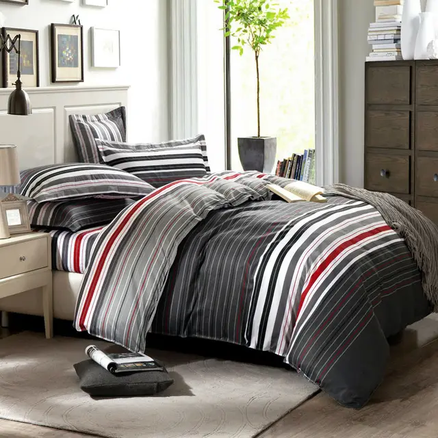 Grey & red stripes printed 4pc Bedding set Queen/Double bed Duvet/Quilt