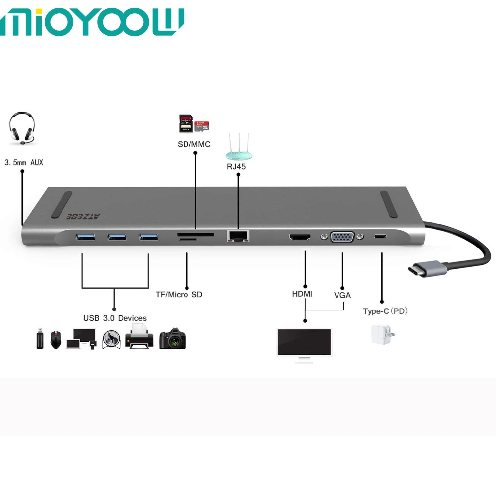 USB C HUB Multi 10 на 1 USB Type C HUB для HDMI VGA RJ45 USB 3.0 HUB конвертер с устройством чтения карт памяти SD / TF Адаптер USB C для Macbook Pro