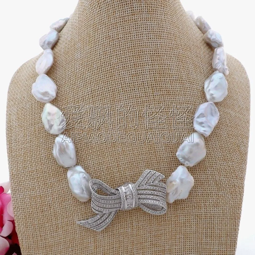 N102208 19 16x22MM White Keshi Pearl CZ Pendant Necklace in Chain 