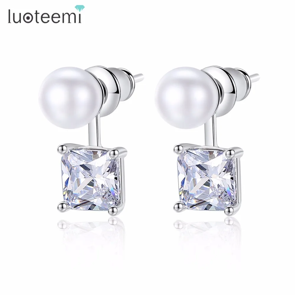 

LUOTEEMI Unique Charm Two Style Square And Round Shiny Clear Copper Cubic Zirconia Drop Earrings For Women Girl Party Tourism