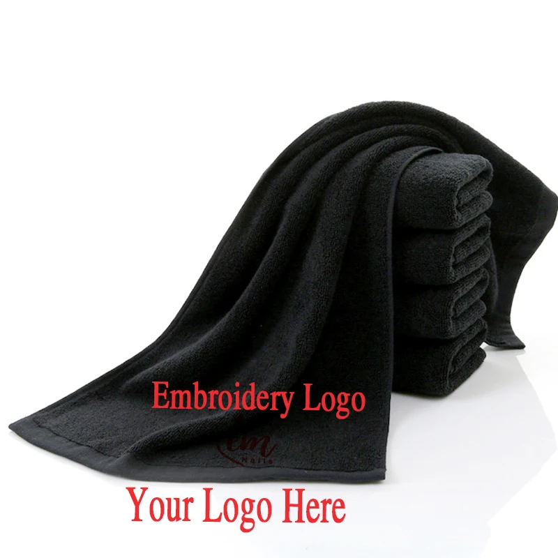 

12 pcs Logo Embroidery Black Beach Towel No Fading Face Towel Bath Large for Hiar Salon Corporate Gift Cotton Dropshipping Cott