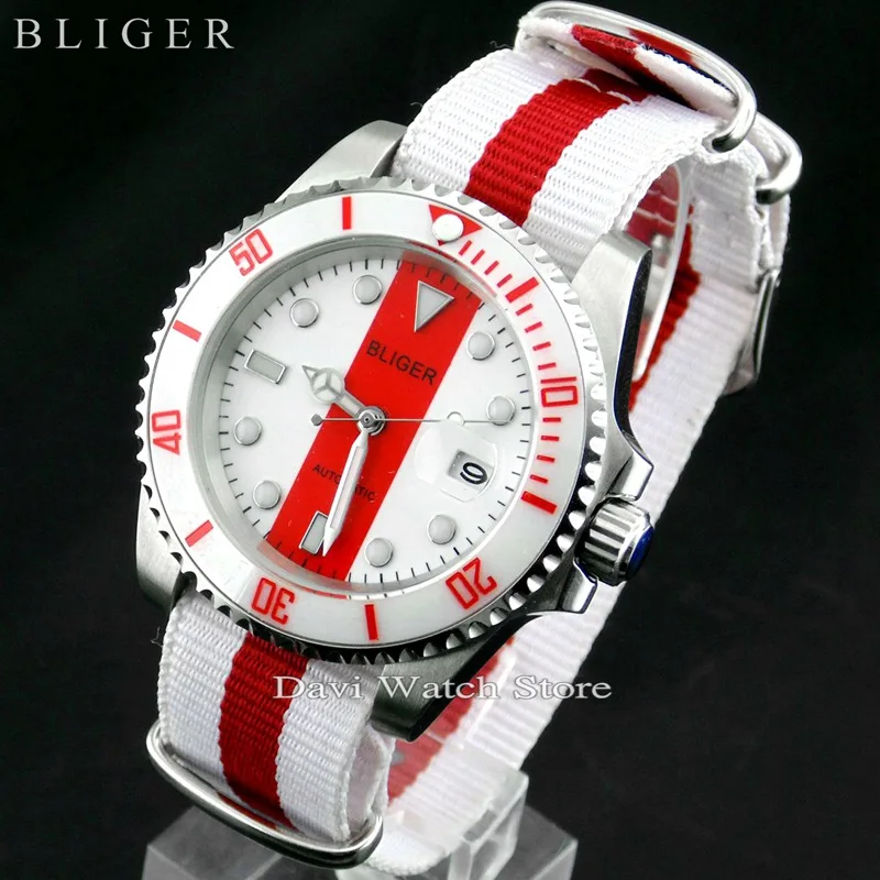 

40mm Bliger sapphire Ceramic Bezel stainless steel case Nylon strap Luminous hands automatic Date Day mens watch