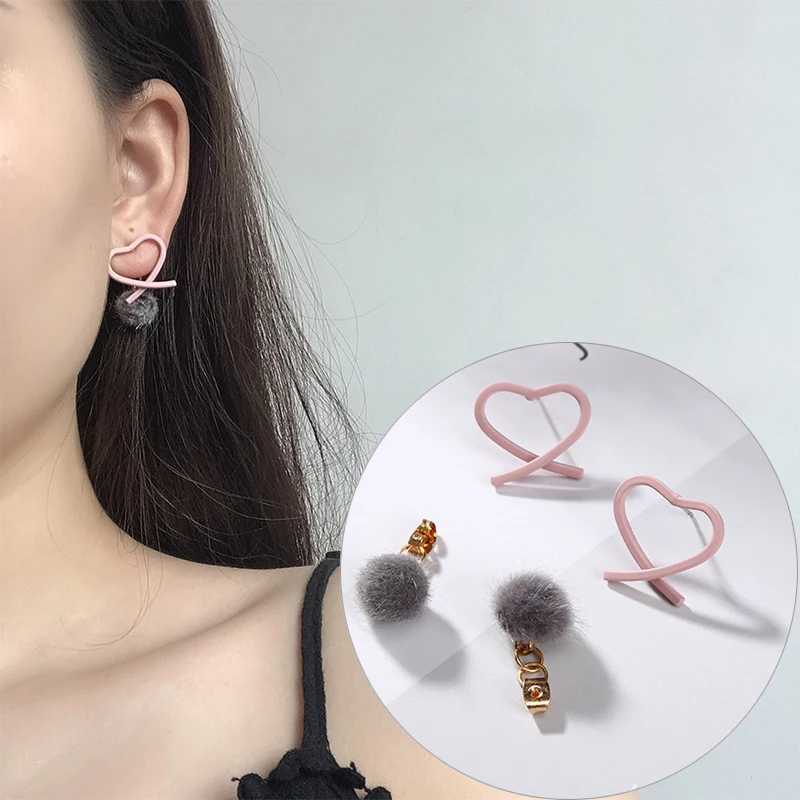 

Classic Grey Pom Pom Fur Ball Earrings for Women Girls Drop Dangle Twist Pink Love Heart Earrings in Winter Autumn Ear Jewelry
