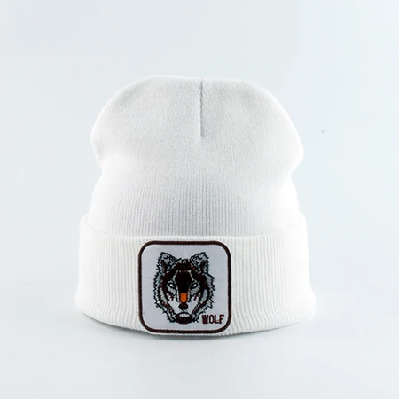 Dropshipping Womens Beanie Hat Warm Winter Knitted Hats For Men Wolf Embroidery Hip Hop Cap Slouchy Skullies Beanies 