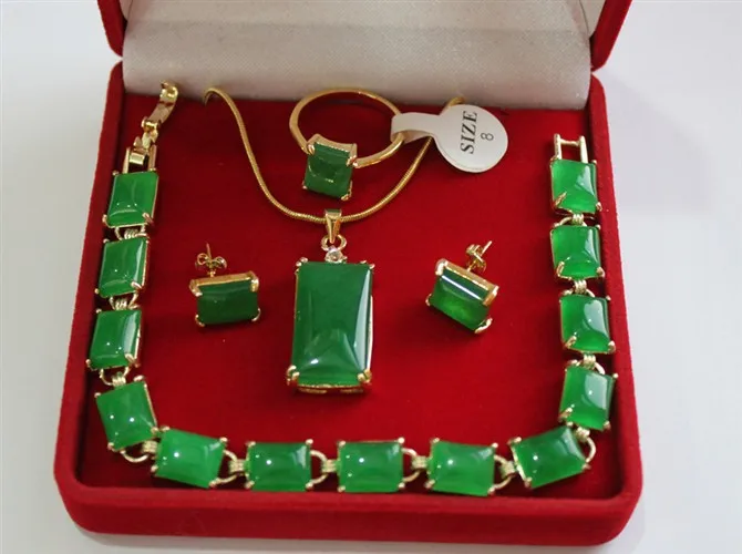 

wholesale beautiful 18KGP green jade,ring(#7.8.9), pendant & stud earring jewelry set