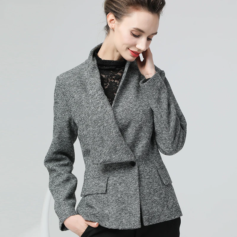 

Women Winter Wool Coat Gray Warm Thickened Single Button Long Sleeve V-Neck Trench Coats Fashion Slim Korean Style Clothing