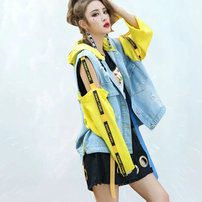 

Fashion Spring Autumn Jacket Women 2019 Off-the-shoulder Hollow Denim Jacket Hooded Letters Printed Hole Jean Coat Streetwear 28