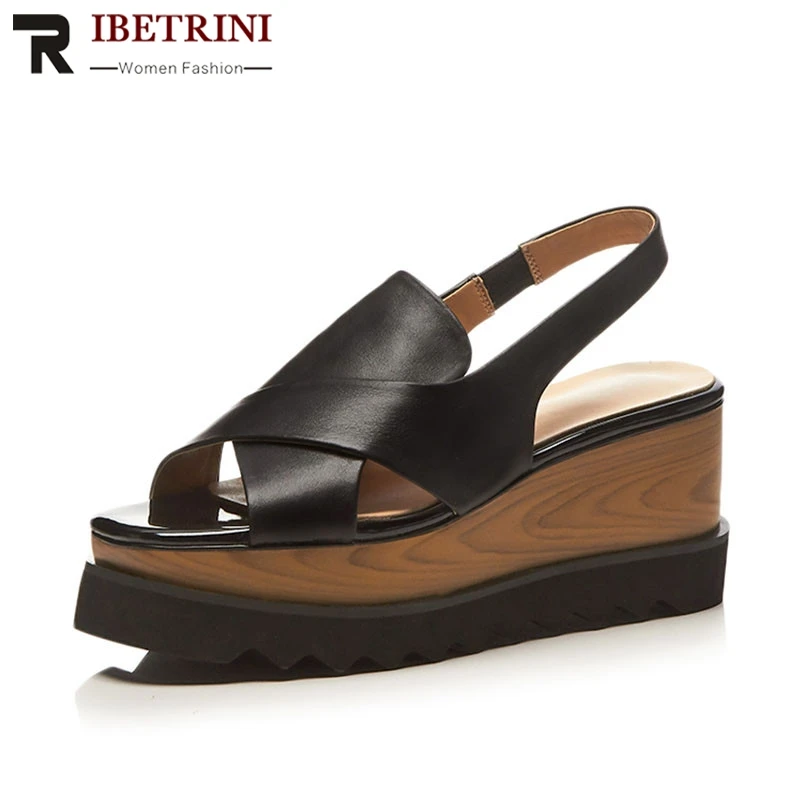 

RIBETRINI Brand New women's Genuine Leather Ladies Wedges High Heels Platform Shoes Woman Casual Party Office Summer Sandals