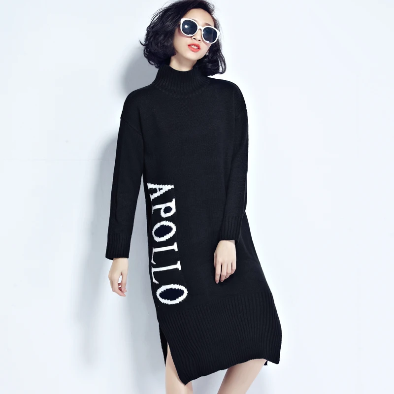 Cuello Largo Negro Alto Moda Invierno Suéter La Carta Las De Coreano Mujeres Marca Vestidos 2019 Otoño Primavera Bordado 77q8azPf