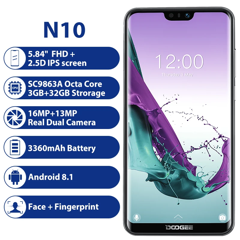 DOOGEE N10 3 ГБ 32 мобильный телефон Android 8 1 Восьмиядерный 5 84 ''FHD + 19:9 дисплей 16 0 Мп