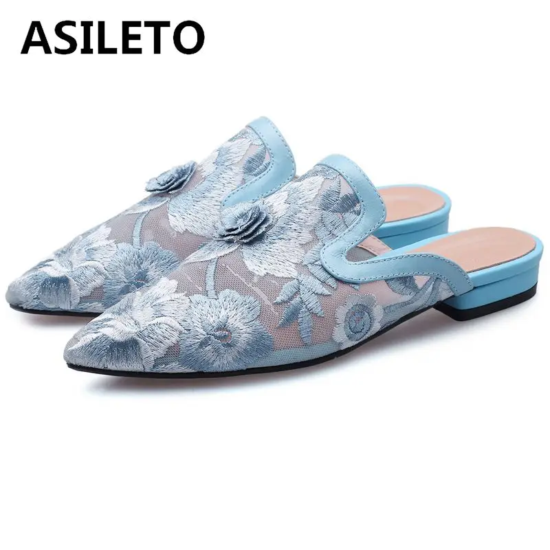 

ASILETO Brand Brand Slippers summer Shoes Female Mules lace mesh+Genuine cow Leather shoes embroider flower slides pantoufle