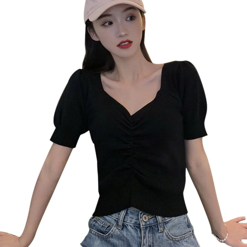 

Summer Solid Color Short Sleeve Women T Shirt Casual Knitted T-Shirt Sexy V Neck Puff Sleeve Women Tshirt camiseta mujer 2019