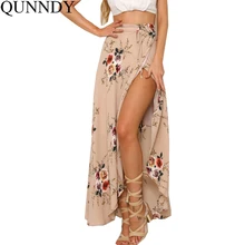 Qunndy Винтаж с цветочным принтом длинные Юбки для женщин Для женщин летние сбоку Разделение элегантный Пляж Макси Бохо Высокая Талия Асимметричные юбки