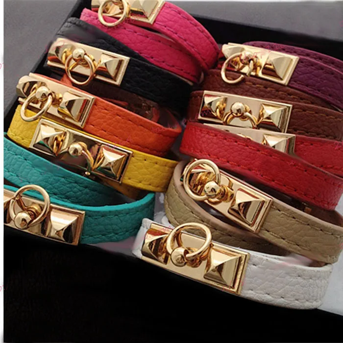 

HUISTORY Punk Small Rivets Circle Hang Buckle Leather Bracelet Female And Man Multicolor PU Bracelet For Party Gift Jewelry