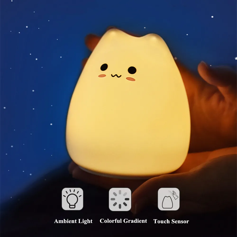 Cute Cartoon Cat LED Night Light Touch Sensor Colorful Silicone Children Kids Baby Bedroom Bedside Table Lamp Gift (2)
