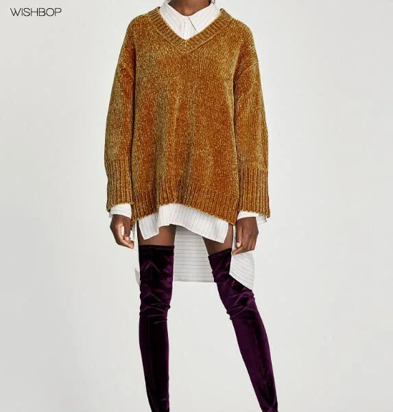 

2017 New In V-neck & Long Sleeves Oversized Chenille Sweater - Knit Sweater Pullover Top - Asymmetrical Loose Womens Jumper Tops