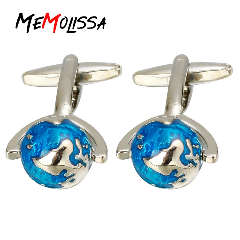 

MeMolissa Globe Cufflinks Fashion Design Silver with Blue Ename Color World Map Shape Quality Copper Material Best Gift For Mens