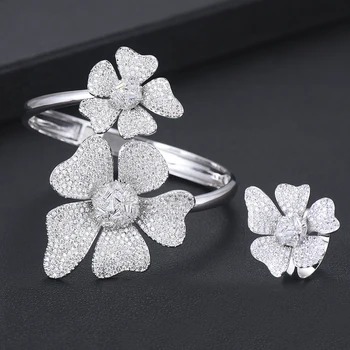 

Luxury Exquisite Big Blooming Flowers Micro Cubic Zirconia Openning Bracelet Ring Sets Chic Bridal Wedding Party Jewelry