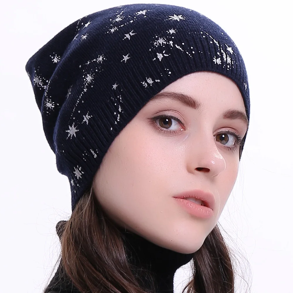 Geebro Women's Cashmere Knitted Beanie Hat Fashion Pentagram Printing