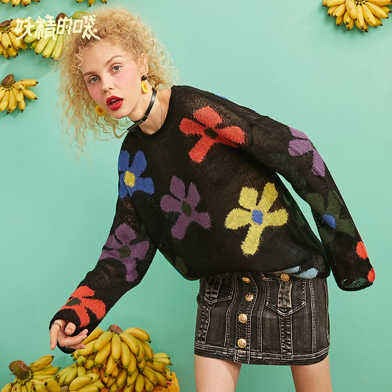 ELF SACK 2019 New Oversized Woman Sweater O-Neck Full Solid Women Pullovers Hand Knitted Streetwear Ladies Cute Sweater Tops