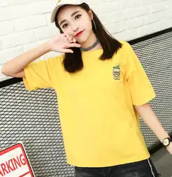 2018 Новая летняя Корейская свободная футболка с короткими рукавами с нашитыми буквами сплошной цвет Круглый воротник Топ