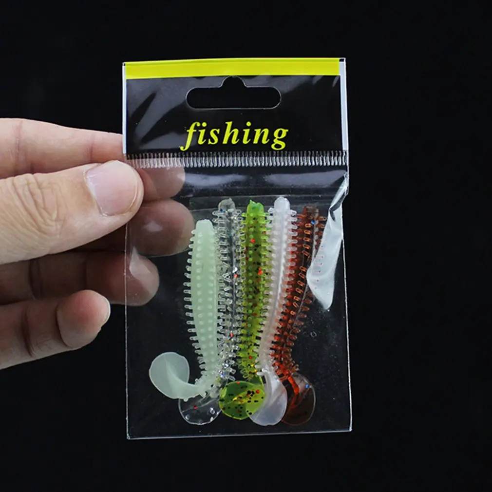 

5PCS 60mm 90mm Fishing Soft Lure Bait Sea Cucumber Paddle T-Tail Single Tails Grub Worm Glow Fish Accessories Drop Shipping