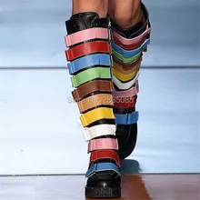 Botas Mujer; сезон осень-зима; Фетиш обувь; женские сапоги для верховой езды; теплые ботиночки с круглым носком; Разноцветные Высокие сапоги до колена на плоской платформе с пряжкой