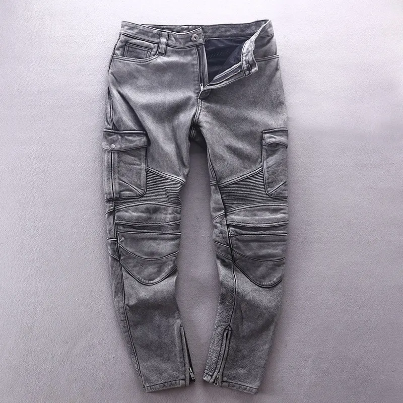 HARLEY DEVIL Genuine Leather Pants Men's Profession Motorcycle Biker Trousers Slim Fit Cowskin Leather Pants Vintage Pants Men