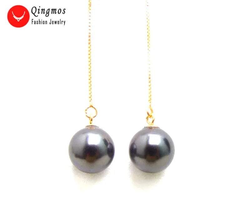 

Qingmos Rose-Gold Sterling Silver S925 Ear Line Dangle 4'' Earrings for Women & 18mm Black Round Sea Shell Pearl Earring Jewelry