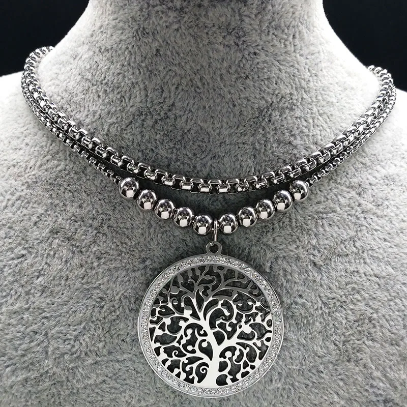 Двухслойное ожерелье Древо жизни из нержавеющей стали, Женские Подвески серебряного цвета, ожерелье с кристаллами joyeria N18028