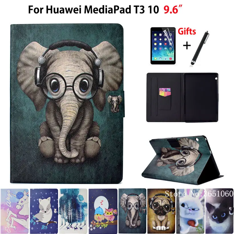 

Case For Huawei MediaPad T3 10 AGS-L09 AGS-W09 AGS-L03 9.6" Cover Funda Fashion Animal Silicone PU Leather Stand Skin+Film+Pen