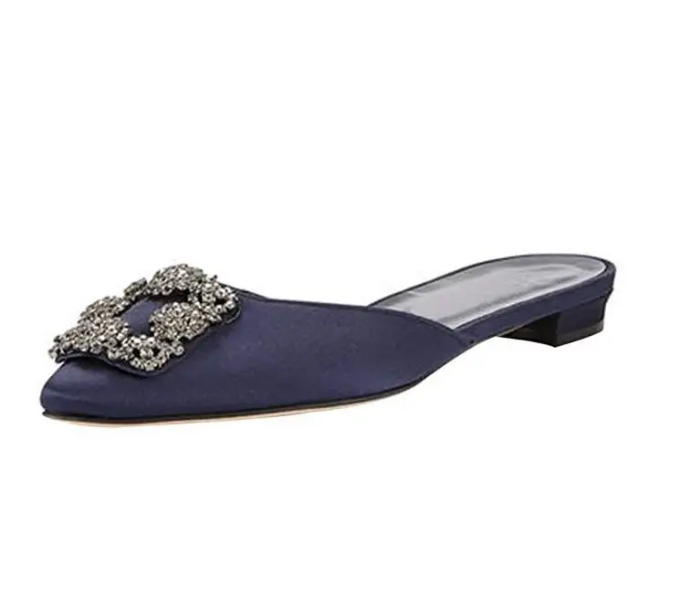 Kmeioo/женские туфли без каблуков, размеры США 5-15, женские атласные туфли на плоской подошве со стразами, украшенные камнями, с острым носком - Цвет: Dark Blue-satin