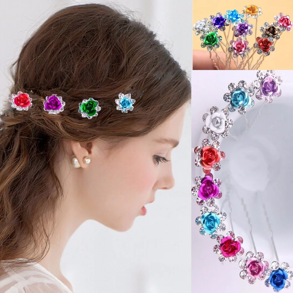 10PC Women Crystal Rhinestone Mixed Rose Flower Hairpins Hair Clips