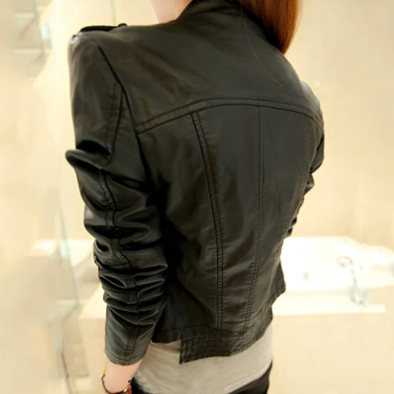 Motocycle Autumn Women Jacket Faux Leather Solid Black Slim Ladies Outwear Coat Short