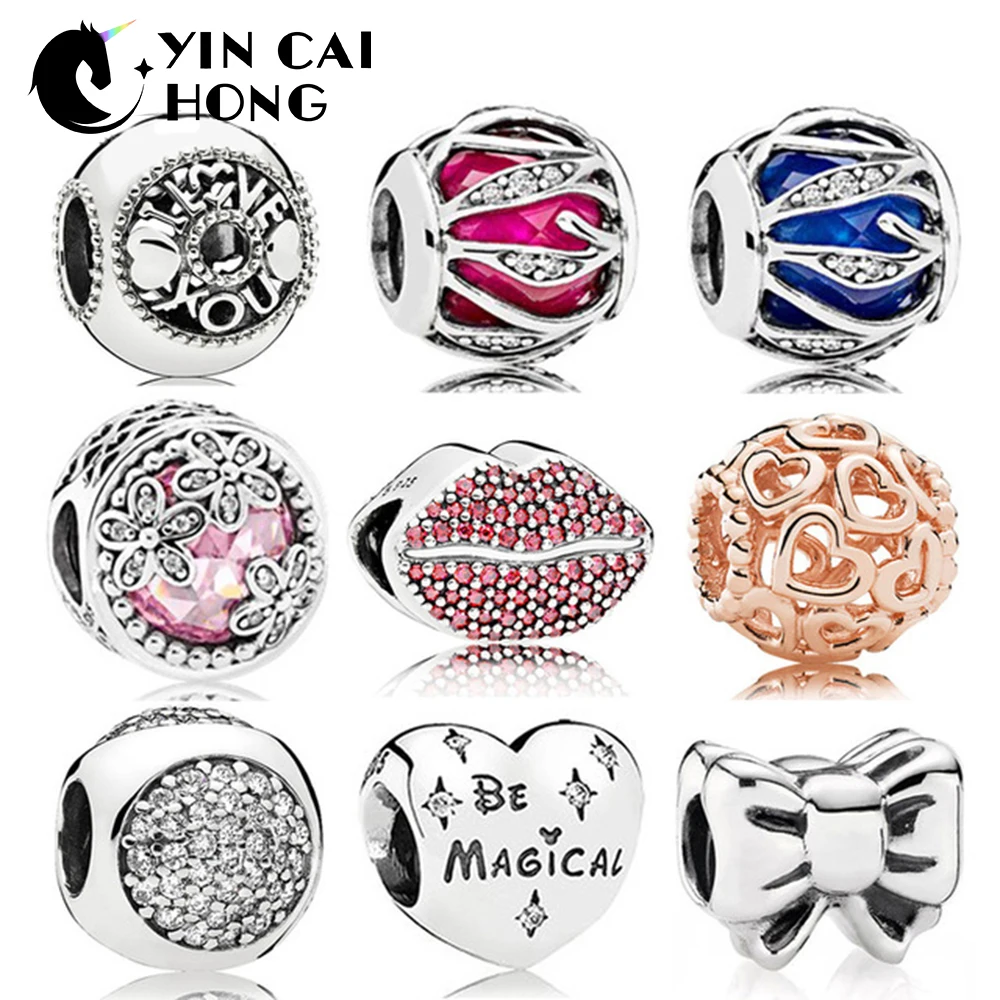 

YCH 100% 925 Sterling Silver Heart-Shaped Charm Lips Zircon Multi-Faced Beads Bow Daisy Flowers Beaded DIY Bracelet Gift