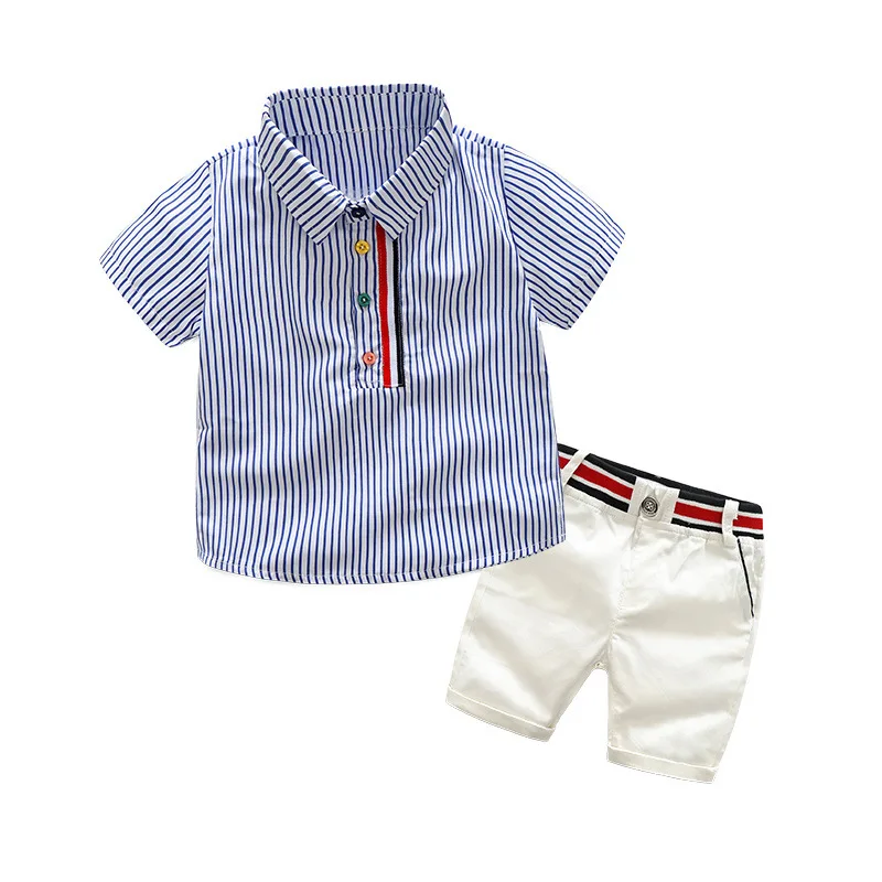 BibiCola/комплекты одежды для мальчиков коллекция года, новая летняя одежда для мальчиков модная детская футболка в полоску с отворотами+ штаны, 2 предмета, детская одежда - Цвет: Blue