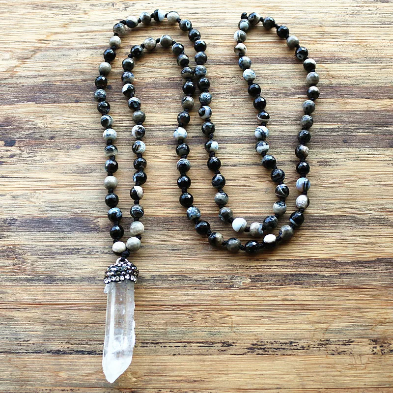 

White crystal pendant & 6mm black Natural stone Rosary Chain Pendant Mala Necklace Handmade Women Natural Stone Bead Necklace