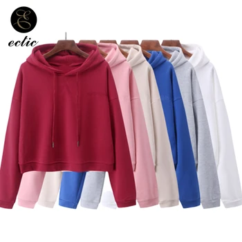 

Plain Hooded Sweatshirt Embroidery Gothic Lettering Poleron Mujer 2019 Short Hoodies Women Solid Color Basic Hoodie Drawstring